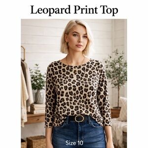 Leopard Print Top Size 10 Animal Print Blouse Stretch 3/4 Sleeve Casual Chic